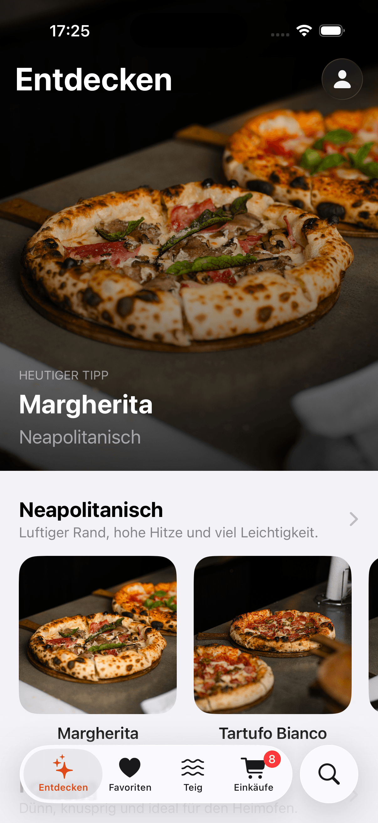 Entdecken-Ansicht von PizzaApp mit kuratierten Rezeptempfehlungen.