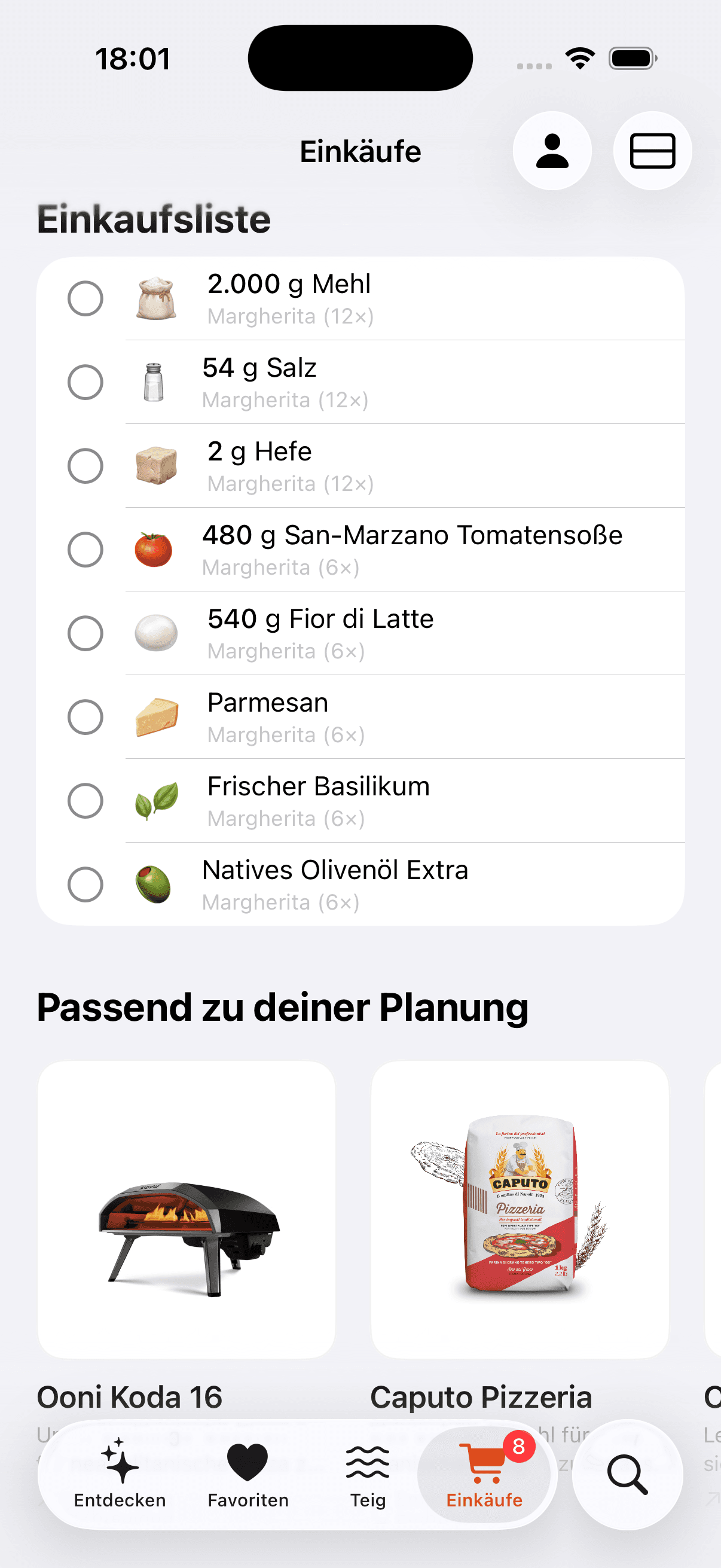 Einkäufe-Tab mit Zutatenplanung innerhalb des Pizza-Workflows.