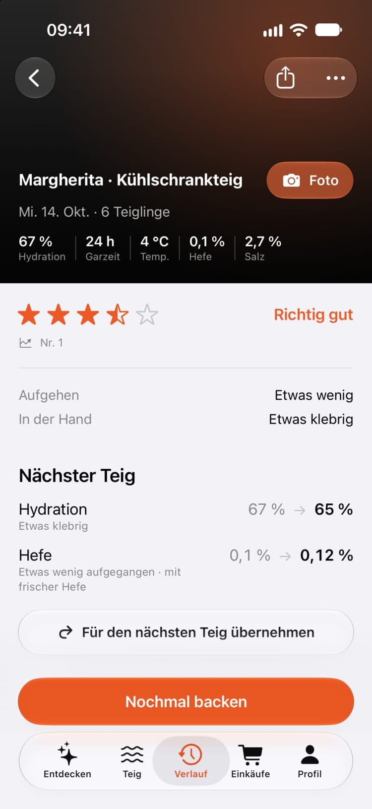 Nächster Teig nach „Etwas wenig aufgegangen“ und „Etwas klebrig“: Hydration von 67 auf 65 %, Hefe von 0,1 auf 0,12 %.