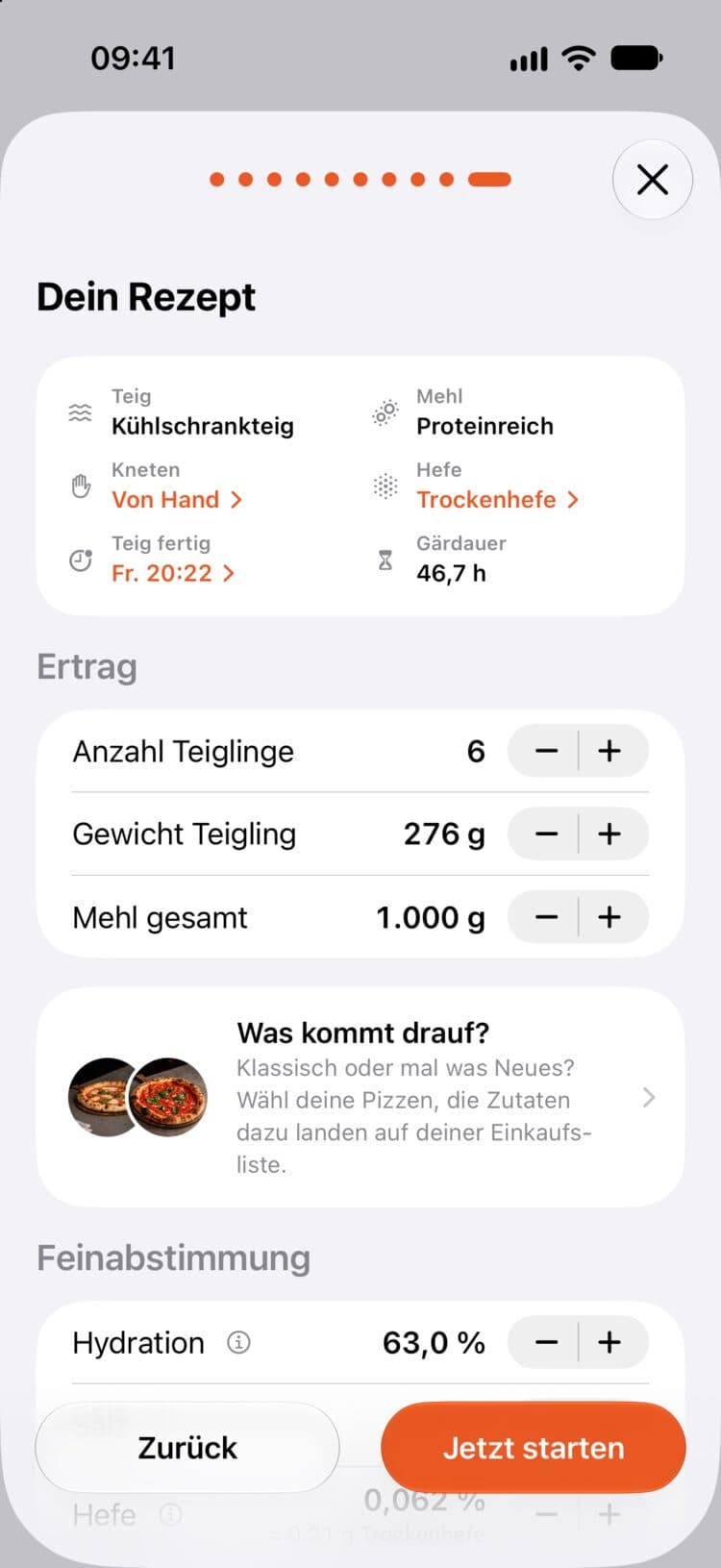 Dein Rezept: Kühlschrankteig für 6 Teiglinge zu 276 g aus 1.000 g Mehl, fertig am Freitag um 20:22 Uhr.