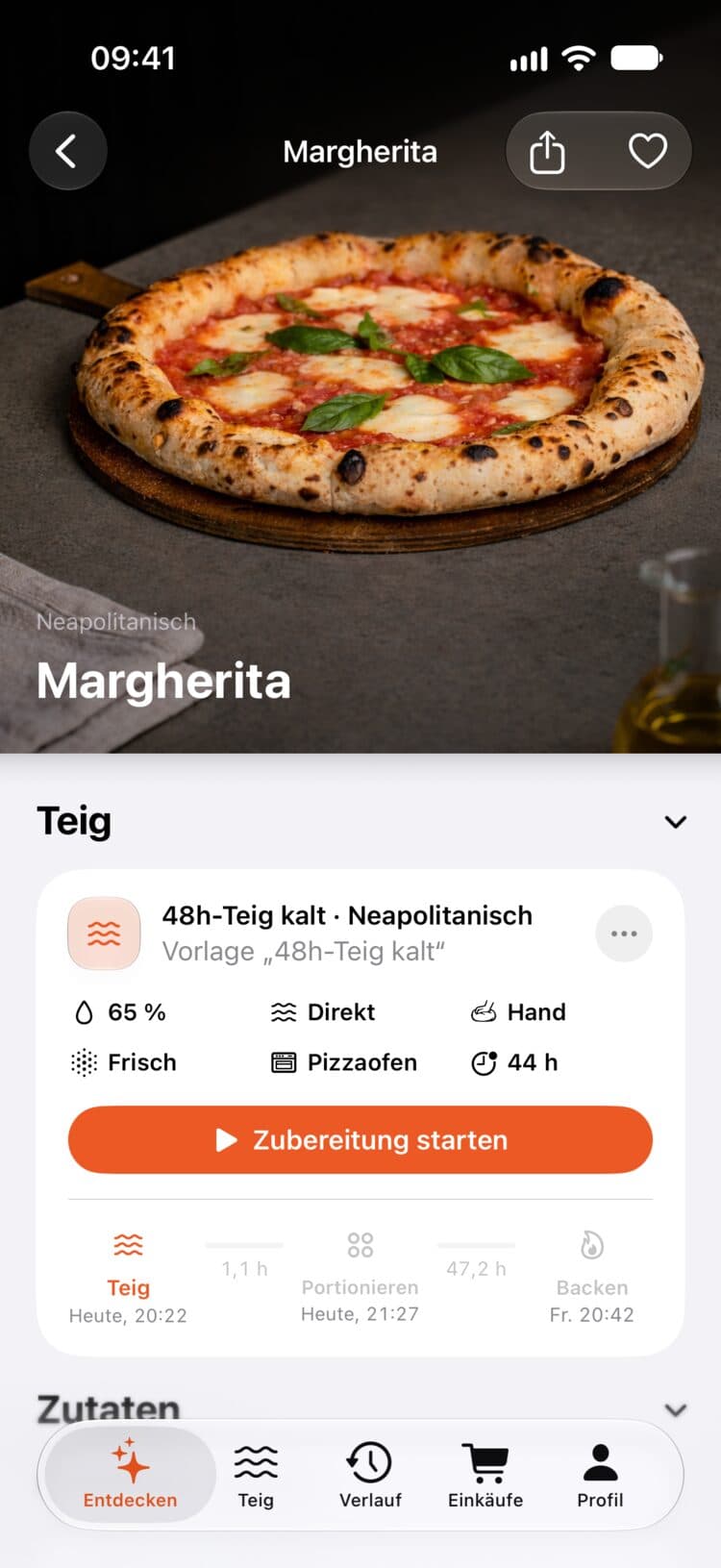Margherita mit dem 48h-Teig kalt: Teig heute um 20:22 Uhr, Portionieren um 21:27 Uhr, Backen am Freitag um 20:42 Uhr.